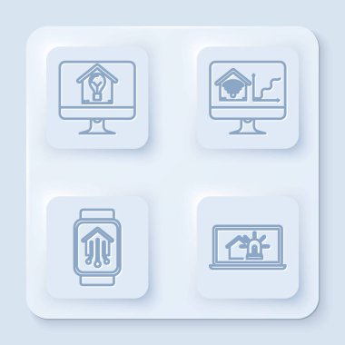 Bilgisayar monitörünü akıllı ev, ampul, kablosuz ağ, akıllı saat akıllı ev akıllı ev ve alarmlı dizüstü bilgisayar ile ayarla. Beyaz kare düğme. Vektör