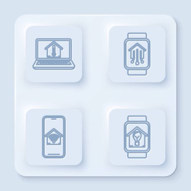 Ev sıcaklığında dizüstü bilgisayarı, akıllı saati olan akıllı evi, kablosuz cep telefonunu, akıllı evi ve ampulü olan akıllı saati ayarla. Beyaz kare düğme. Vektör