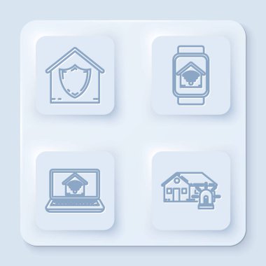 House 'u koruma altına alın, akıllı saat, akıllı ev, wi-fi, akıllı ev, wi-fi ve alarmlı dizüstü bilgisayar. Beyaz kare düğme. Vektör