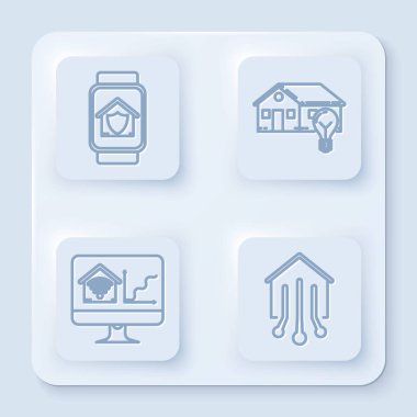 Akıllı saat, ev koruma altında, akıllı ev ve ampul, akıllı ev kablosuz internet ve akıllı ev ile bilgisayar monitörü. Beyaz kare düğme. Vektör