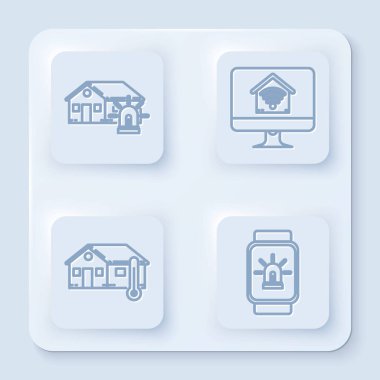 Hat akıllı ev ve alarm, akıllı ev ile bilgisayar monitörü kablosuz ağ, ev sıcaklığı ve akıllı saat akıllı ev ve alarm. Beyaz kare düğme. Vektör