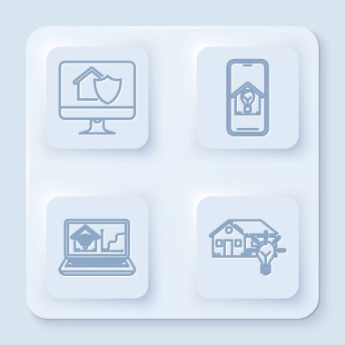 Bilgisayar monitörünü ev koruması altında, cep telefonunu akıllı ev ve ampullü, laptopunu akıllı ev, wi-fi ve akıllı ev ve ampullü olarak ayarla. Beyaz kare düğme. Vektör