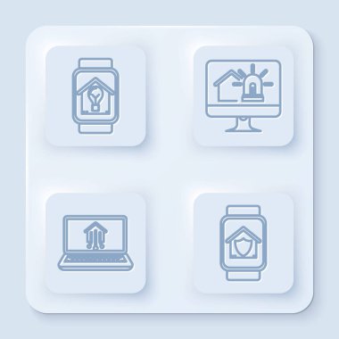 Akıllı saat akıllı ev ve ampullü akıllı saat akıllı ev ve alarm sistemli bilgisayar monitörü akıllı ev ve ev korumalı dizüstü bilgisayar. Beyaz kare düğme. Vektör