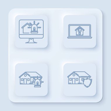 Bilgisayar monitörünü akıllı ev ve alarma ayarlayın, akıllı ev ve ampullü laptop, akıllı ev ve alarm ve korunan ev. Beyaz kare düğme. Vektör