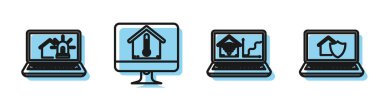 Dizüstü bilgisayarla akıllı ev, akıllı ev ve alarm sistemli dizüstü bilgisayar, ev sıcaklığında bilgisayar monitörü ve korunma simgesi altında ev dizüstü bilgisayar ayarla. Vektör