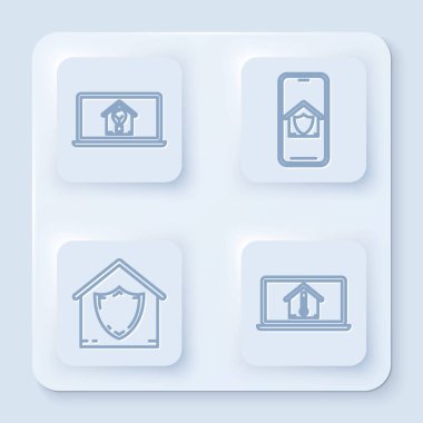 Akıllı ev ve ampullü dizüstü bilgisayarı, korunan evi olan cep telefonunu, korunan evi ve ev sıcaklığında dizüstü bilgisayarı olan bilgisayarı ayarla. Beyaz kare düğme. Vektör