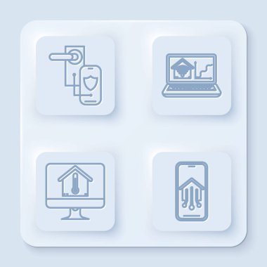 Dijital kapı kilidini kilit için kablosuz teknolojiye, akıllı ev bilgisayarı kablosuz internete, ev sıcaklığında bilgisayar monitörüne ve akıllı ev telefonuna ayarla. Beyaz kare düğme. Vektör