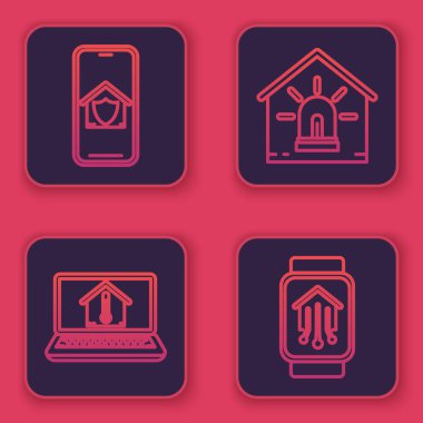 Cep telefonunu ev koruması altında, dizüstü bilgisayarı ev sıcaklığında, akıllı evi ve alarmı ve akıllı saati olan akıllı evi ayarla. Mavi kare düğme. Vektör