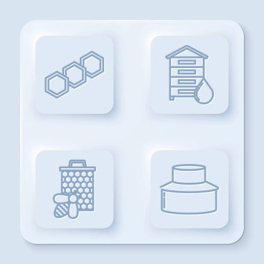 Hattı ayarla Bal peteği, Arılar için Kovan, Arı, Bal peteği ve koruyucu şapkalı Arıcı. Beyaz kare düğme. Vektör