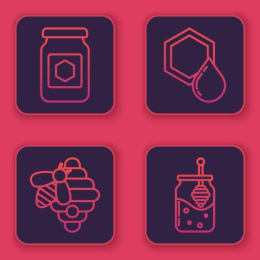 Kavanoz dolusu bal, arı kovanı, bal peteği ve kavanoz dolusu bal ve ballı şeker çubuğu. Mavi kare düğme. Vektör