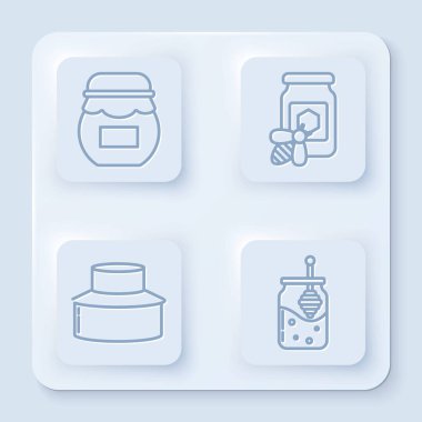 Bir kavanoz bal, bir kavanoz bal arısı, koruyucu şapkalı arıcı ve bir kavanoz bal ve ballı çubuk. Beyaz kare düğme. Vektör