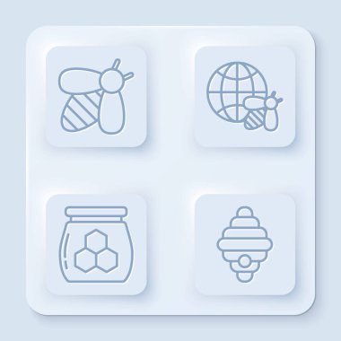 Arı hattı, bal peteği dünya haritası ve arı, bal kavanozu ve arılar için kovan. Beyaz kare düğme. Vektör