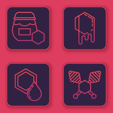 Jar of Honey, Bal peteği, Bal peteği ve Bal Dipper çubuğu. Mavi kare düğme. Vektör