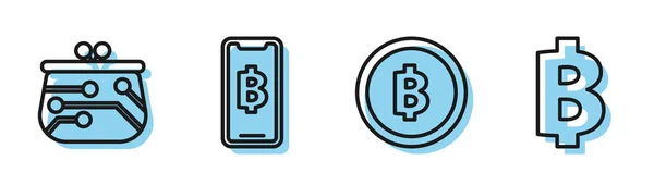 Установите линию криптовалютных монет Bitcoin, Cryptocurrency wallet, Phone mobile и cryptocurrency coin Bitcoin и Cryptocurrency coin Bitcoin icon. Вектор — стоковый вектор