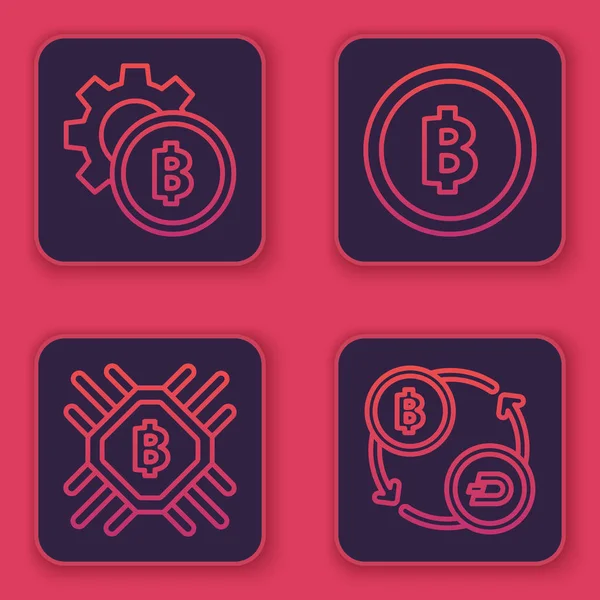 Kripto para Bitcoin, Cpu madencilik çiftliği, Kripto para Bitcoin ve Kripto para değişimi. Mavi kare düğme. Vektör