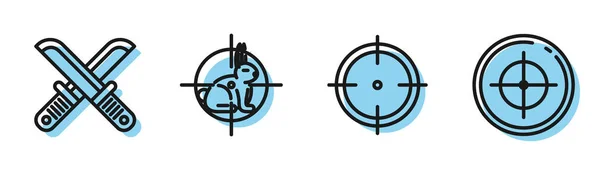 Set line Target sport for shooting competition, Crossed hunter knife, Hunt on rabbit with crosshairs and Target sport for shooting competition icon. Vector