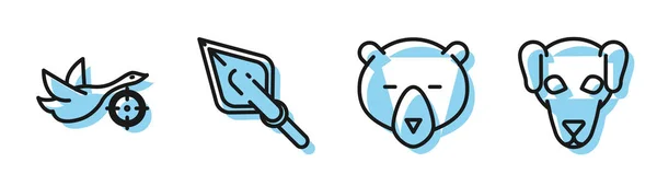 Set line Tête d'ours, Chasse au canard avec réticule, pointe de flèche Hipster et icône de chien de chasse. Vecteur — Image vectorielle