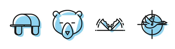 Définir la ligne Piège chasse, chapeau chasseur, tête d'ours et chasse sur le canard avec icône de réticule. Vecteur — Image vectorielle