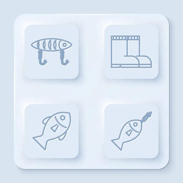 Definir linha isca de pesca, botas de pesca, Peixe e peixe no gancho. Botão quadrado branco. Vetor — Vetor de Stock
