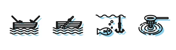 Establecer línea gancho de pesca bajo el agua con peces, barco con caña de pescar en el agua, barco de pesca con remos en el agua y la red de pesca en el icono del agua. Vector — Vector de stock