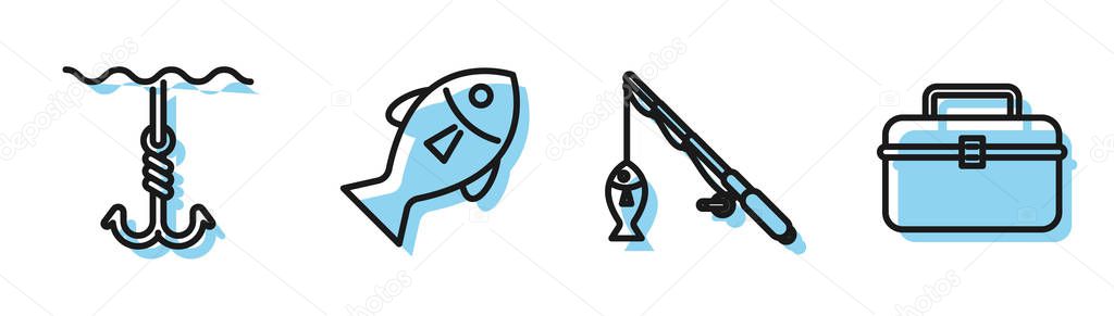 Set line Fishing rod and fish, Fishing hook under water, Fish and Case or box container for wobbler and gear fishing equipment icon. Vector