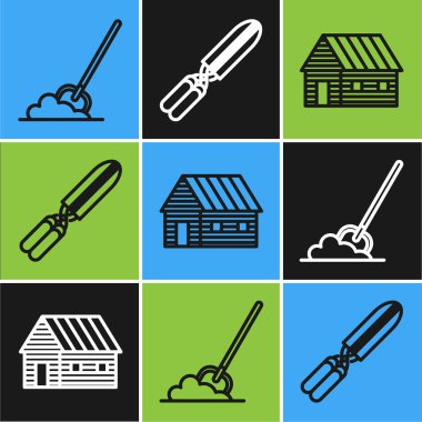 Toprağa kürek, çiftlik evi ve ikonu budamak için el yapımı makas koyun. Vektör