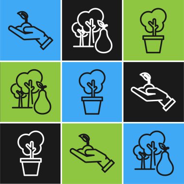 Çevre koruma hattında filizlenme, saksıda ağaç ve armut ikonuyla ağaç. Vektör