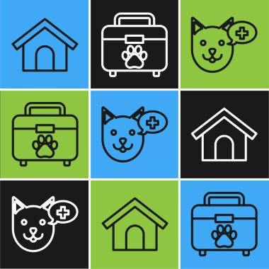 Line Dog House, Veterinerlik Kliniği sembolü ve Evcil Hayvan ilk yardım çantası ikonu. Vektör