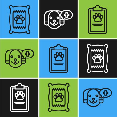 Köpek için yiyecek torbası, tıbbi kayıt evcil hayvanı ve veterinerlik kliniğinin simgesi olan pano. Vektör