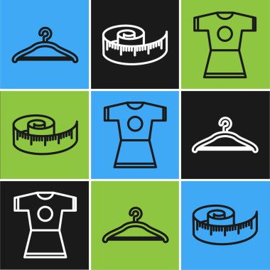 Hat askısı gardırobu, kadın elbisesi ve mezura ölçüsü ikonu. Vektör