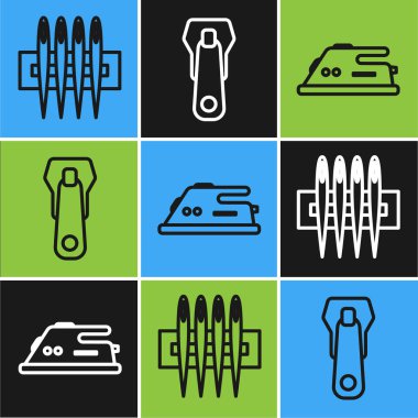 Dikiş için iğne, elektrikli ütü ve fermuar ikonu hazırlayın. Vektör