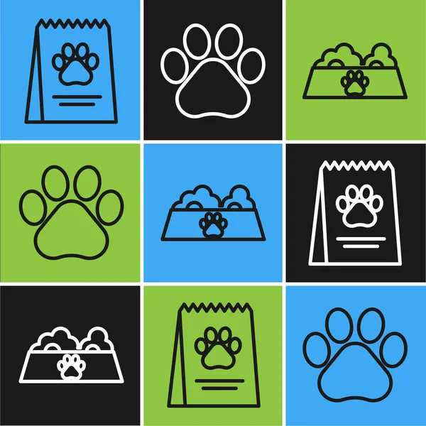 Set Futterbeutel für Hund, Futterschale für Katze oder Hund und Pfotendruck-Symbol. Vektor — Stockvektor