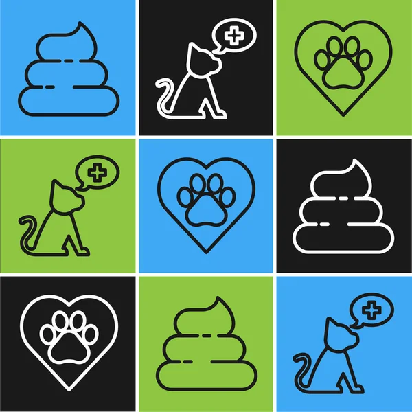 Set line Shit, Heart with animals footprint and Veterinary clinic symbol icon. Vector — Stock Vector
