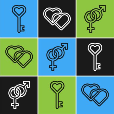Anahtar 'ı kalp şeklinde ayarla, Cinsiyet ve İki Bağlı Kalp simgesi. Vektör