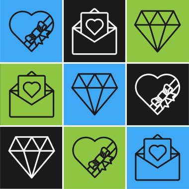 Candy 'yi kalp şeklinde bir kutuda ve yayda, Diamond ve Envelope' yi sevgililer günü kalp ikonuyla ayarla. Vektör