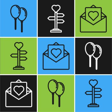 Kurdeleli çizgi Balonlar Valentine 'ın kalbiyle Zarf ve kalp ikonuyla İşaret Postası. Vektör