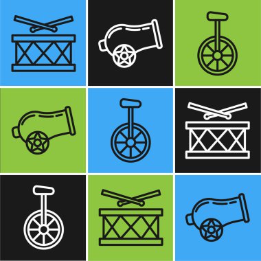 Davulları bagetlerle, tek tekerlekli bisikletle ya da tek tekerlekli bisikletle ve top ikonuyla ayarla. Vektör