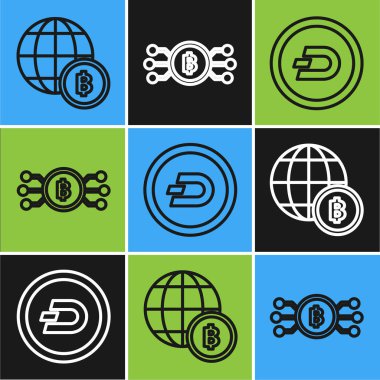 Satır Küre ve kripto para Bitcoin, Kripto para Dash ve Kripto para bitcoin 'i mikroçip devre ikonu ile daire içine al. Vektör