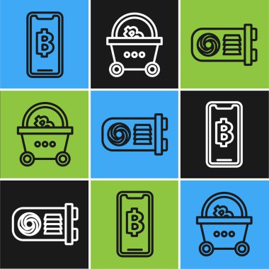 Telefon ve kripto para birimi Bitcoin, madencilik çiftliği ve bitcoin ikonlu alışveriş sepeti ayarla. Vektör