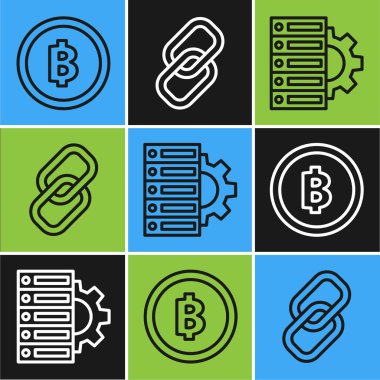 Şifreleme madeni para, Bitcoin, Sunucu, dişli ve zincir bağlantı simgesini ayarla. Vektör