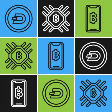 Kripto para birimi Dash, telefon cep telefonu ve kripto para Bitcoin ve Cpu madencilik çiftlik ikonu. Vektör