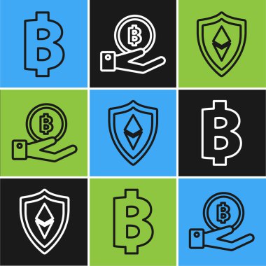 Kripto para Bitcoin, Ethereum Eth ve Hand Bitcoin simgesini tutan satırı ayarla. Vektör