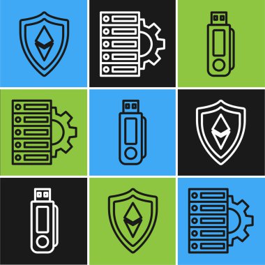 Shield Ethereum Eth, Usb flash diski, Sunucu ve vites simgesini ayarla. Vektör