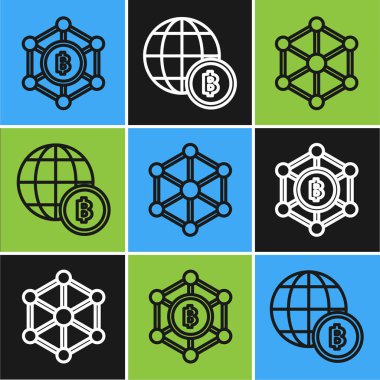 Blockchain teknolojisi Bitcoin, Blockchain teknolojisi ve Globe ve kripto para birimi ikonu. Vektör