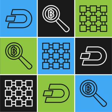 Şifreleme madeni para Dash, engelleme teknolojisi ve Bitcoin ikonlu büyüteç hattı. Vektör