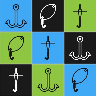 Oltayı, oltayı, oltayı ve balık kaşığı ikonunu ayarla. Vektör