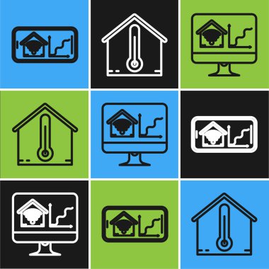 Cep telefonunu kablosuz ağ ile akıllı bir eve, bilgisayar monitörünü de kablosuz ağ ve House sıcaklık ikonuyla akıllı bir eve ayarla. Vektör