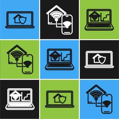 Bilgisayarı ev korunması altında dizüstü bilgisayarı, evi kablosuz akıllı bilgisayarı ve Wi-fi ikonu olan Smart evini ayarla. Vektör