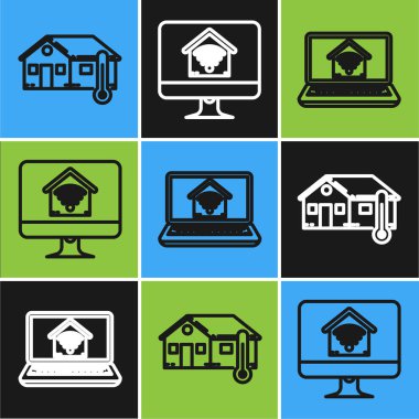 Ev sıcaklığını ayarla, akıllı ev bilgisayarlı Wi-fi ve bilgisayar monitörlü Wi-fi ikonlu akıllı ev. Vektör