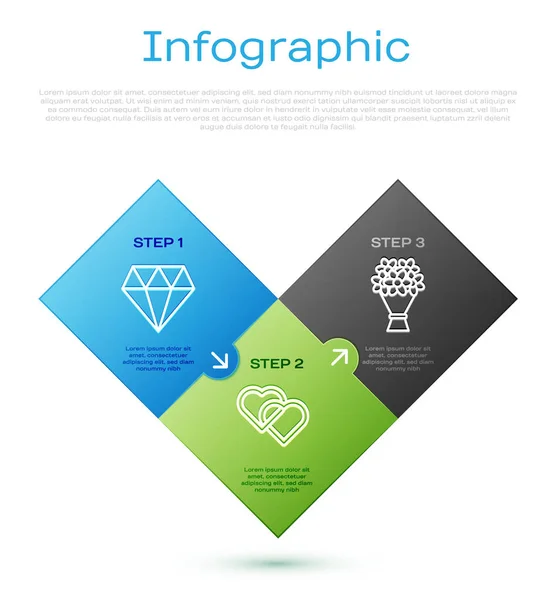 Set línea diamante, ramo de flores, dos corazones vinculados y vestido de mujer. Plantilla de infografía empresarial. Vector — Vector de stock